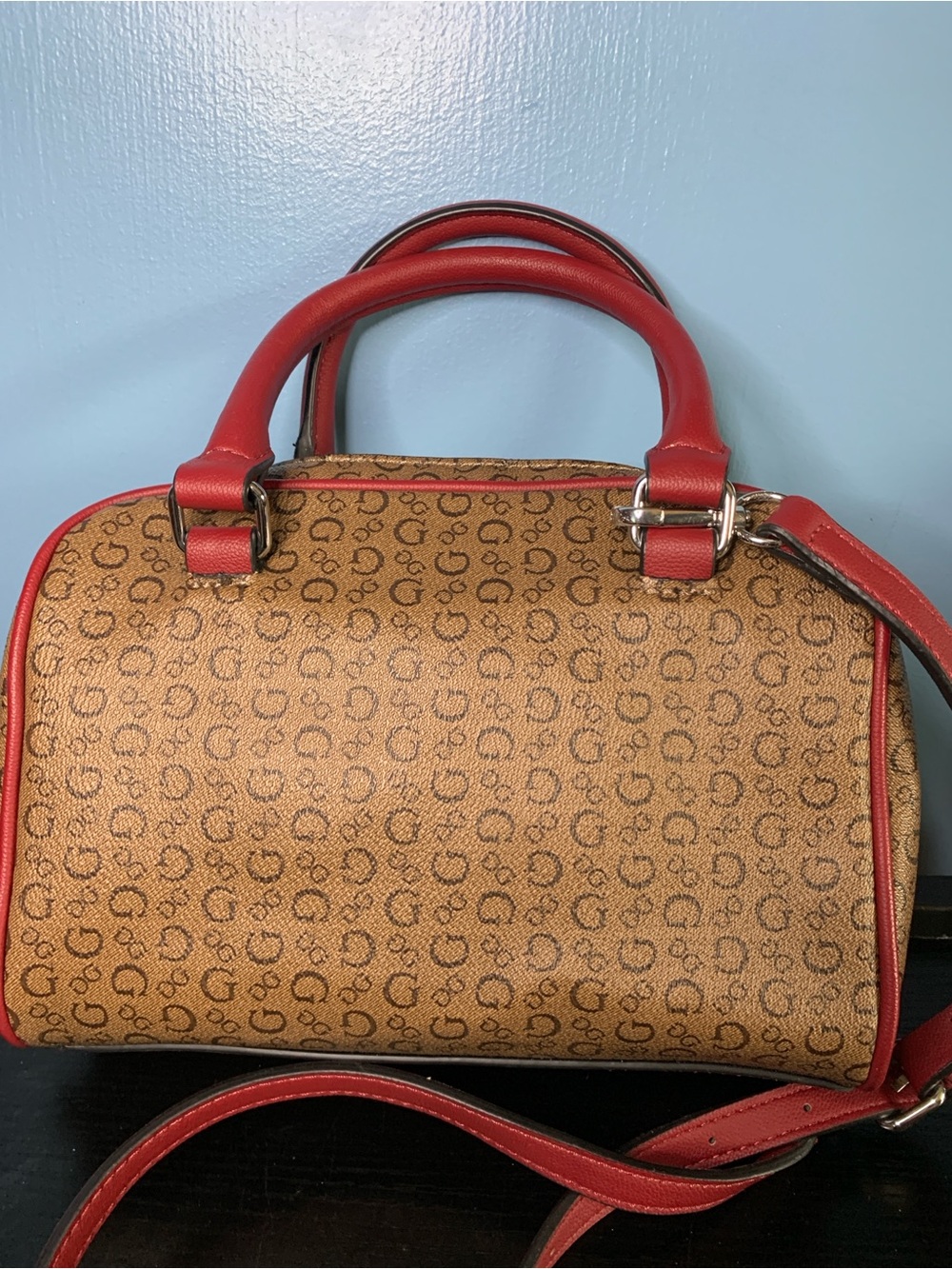 Guess Brown Monogram Satchel with Red Trim and Strap - Picture 3 of 7